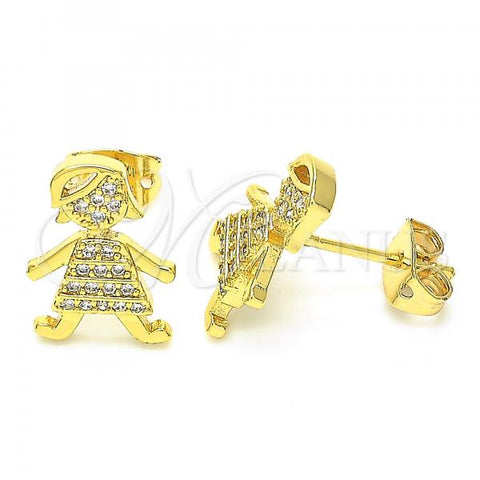 Oro Laminado Stud Earring, Gold Filled Style Little Girl Design, with White Micro Pave, Polished, Golden Finish, 02.156.0399