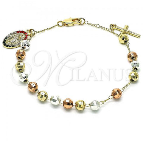Oro Laminado Charm Bracelet, Gold Filled Style Guadalupe and Crucifix Design, with Multicolor Crystal, Diamond Cutting Finish, Tricolor, 03.351.0152.08