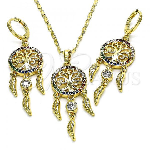 Oro Laminado Earring and Pendant Adult Set, Gold Filled Style Tree and Leaf Design, with Multicolor Micro Pave and White Cubic Zirconia, Polished, Golden Finish, 10.196.0060