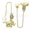 Oro Laminado Threader Earring, Gold Filled Style Elephant Design, with White Cubic Zirconia and Ivory Pearl, Polished, Golden Finish, 02.63.2689