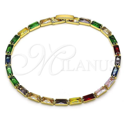 Oro Laminado Tennis Bracelet, Gold Filled Style Baguette Design, with Multicolor Cubic Zirconia, Polished, Golden Finish, 03.283.0354.1.07
