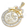 Oro Laminado Religious Pendant, Gold Filled Style Centenario Coin and Horse Design, with White and Garnet Crystal, Polished, Two Tone, 05.351.0152.1