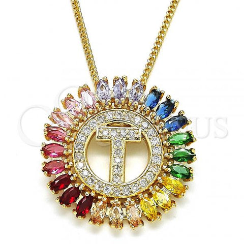Oro Laminado Pendant Necklace, Gold Filled Style Initials Design, with Multicolor Cubic Zirconia, Polished, Golden Finish, 04.210.0022.1.20