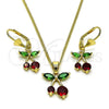Oro Laminado Earring and Pendant Adult Set, Gold Filled Style Cherry Design, with Garnet and Green Cubic Zirconia, Polished, Golden Finish, 10.210.0186