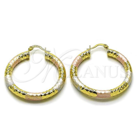 Oro Laminado Medium Hoop, Gold Filled Style Hollow Design, Diamond Cutting Finish, Tricolor, 02.213.0312.1.40