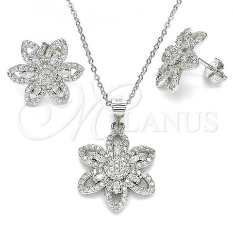 Sterling Silver Earring and Pendant Adult Set, Flower Design, with White Cubic Zirconia, Polished, Rhodium Finish, 10.286.0039