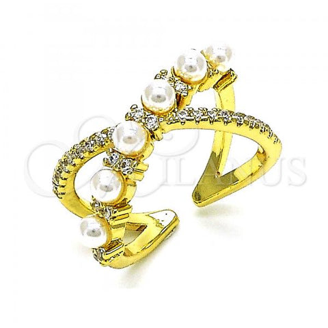 Oro Laminado Multi Stone Ring, Gold Filled Style Infinite Design, with Ivory Pearl and White Micro Pave, Polished, Golden Finish, 01.341.0091