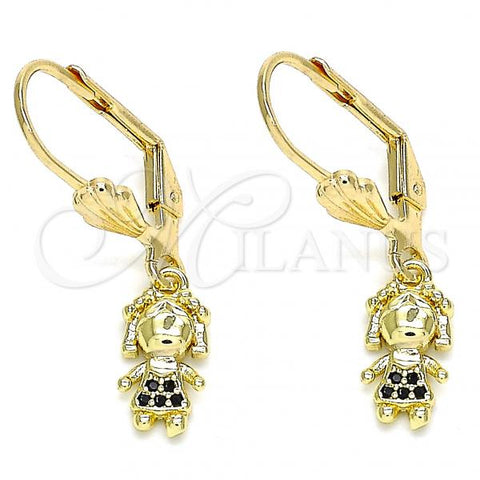 Oro Laminado Dangle Earring, Gold Filled Style Little Girl Design, with Black Micro Pave, Polished, Golden Finish, 02.316.0064.2