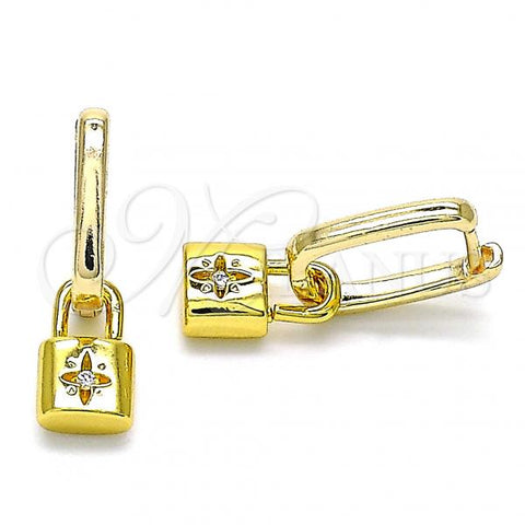 Oro Laminado Huggie Hoop, Gold Filled Style Lock and Four-leaf Clover Design, with White Cubic Zirconia, Polished, Golden Finish, 02.368.0025.10