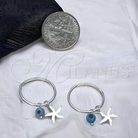 Sterling Silver Small Hoop, Evil Eye and Flower Design, with Aqua Blue Crystal, Polished, Silver Finish, 02.401.0037.15