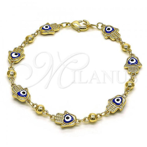 Oro Laminado Fancy Bracelet, Gold Filled Style Hand of God and Heart Design, Blue Enamel Finish, Golden Finish, 03.213.0146.08