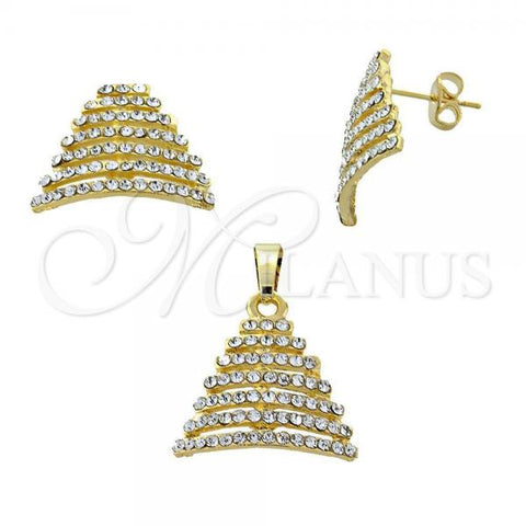 Oro Laminado Earring and Pendant Adult Set, Gold Filled Style with White Crystal, Polished, Golden Finish, 10.164.0004