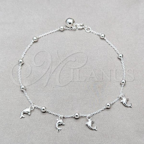 Sterling Silver Fancy Anklet, Dolphin and Ball Design, Polished, Silver Finish, 03.409.0060.10