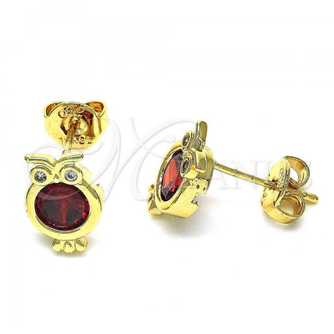 Oro Laminado Stud Earring, Gold Filled Style Owl Design, with Garnet and White Cubic Zirconia, Polished, Golden Finish, 02.94.0076.1
