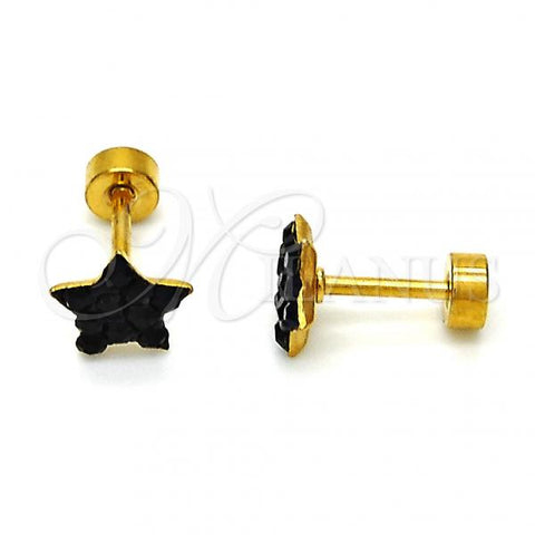 Stainless Steel Stud Earring, Star Design, with Black Crystal, Polished, Golden Finish, 02.271.0021