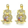 Oro Laminado Leverback Earring, Gold Filled Style Owl Design, with Multicolor Micro Pave, Polished, Golden Finish, 02.210.0439.1