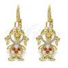 Oro Laminado Leverback Earring, Gold Filled Style Little Girl Design, with Garnet and White Micro Pave, Polished, Golden Finish, 02.210.0377.1