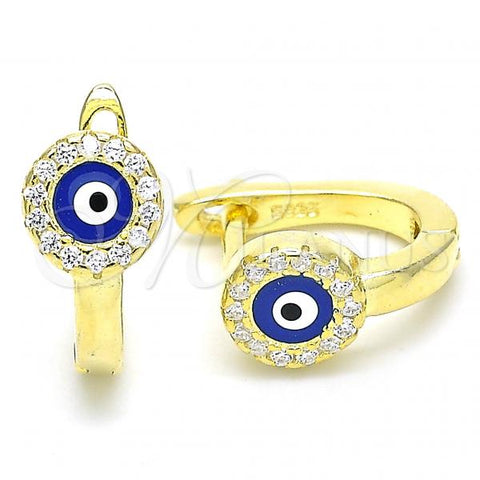 Sterling Silver Huggie Hoop, Evil Eye Design, with White Cubic Zirconia, Blue Enamel Finish, Golden Finish, 02.336.0136.2.12