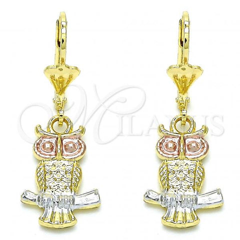 Oro Laminado Dangle Earring, Gold Filled Style Owl Design, Polished, Tricolor, 02.351.0003