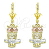 Oro Laminado Dangle Earring, Gold Filled Style Owl Design, Polished, Tricolor, 02.351.0003