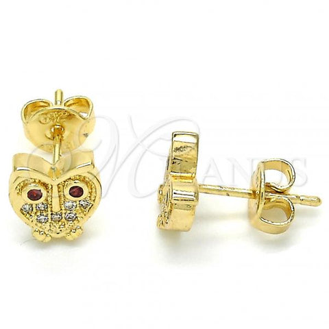 Oro Laminado Stud Earring, Gold Filled Style Owl Design, with Garnet Cubic Zirconia and Garnet Micro Pave, Polished, Golden Finish, 02.156.0281