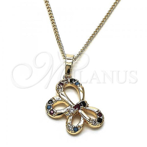 Oro Laminado Pendant Necklace, Gold Filled Style Butterfly Design, with Multicolor Cubic Zirconia, Polished, Golden Finish, 04.26.0052.3.18