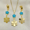 Oro Laminado Earring and Pendant Adult Set, Gold Filled Style Flower and Box Design, with Aquamarine Opal, Resin Finish, Golden Finish, 10.58.0026.1