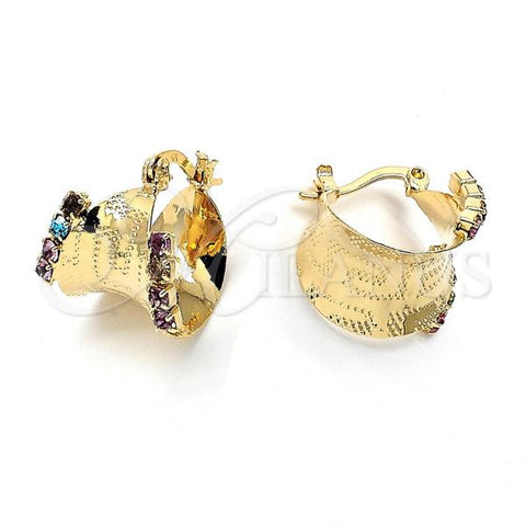 Oro Laminado Small Hoop, Gold Filled Style Greek Key Design, with Multicolor Crystal, Diamond Cutting Finish, Golden Finish, 02.63.0193