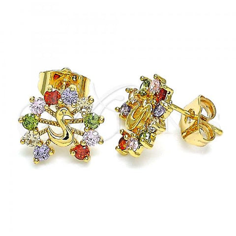 Oro Laminado Stud Earring, Gold Filled Style Peacock Design, with Multicolor Cubic Zirconia, Polished, Golden Finish, 02.387.0026.1