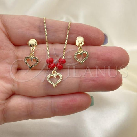 Oro Laminado Earring and Pendant Adult Set, Gold Filled Style Heart and Box Design, with Orange Red Opal, Polished, Golden Finish, 10.09.0045