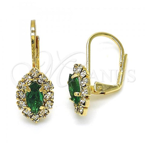 Oro Laminado Leverback Earring, Gold Filled Style Leaf Design, with Emerald and White Crystal, Polished, Golden Finish, 02.122.0082.4