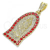 Oro Laminado Religious Pendant, Gold Filled Style Guadalupe Design, with Garnet Crystal, Polished, Golden Finish, 05.351.0125.1