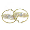 Oro Laminado Large Hoop, Gold Filled Style Guadalupe and Flower Design, Diamond Cutting Finish, Tricolor, 02.380.0093.50