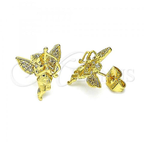 Oro Laminado Stud Earring, Gold Filled Style Angel Design, with White Micro Pave, Polished, Golden Finish, 02.156.0642