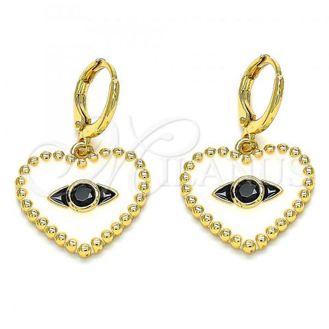 Oro Laminado Dangle Earring, Gold Filled Style Heart and Evil Eye Design, with Black Cubic Zirconia, White Enamel Finish, Golden Finish, 02.377.0029