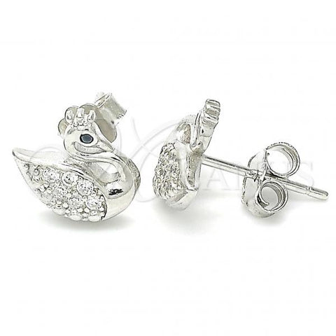 Sterling Silver Stud Earring, Swan Design, with Black and White Cubic Zirconia, Polished, Rhodium Finish, 02.336.0149