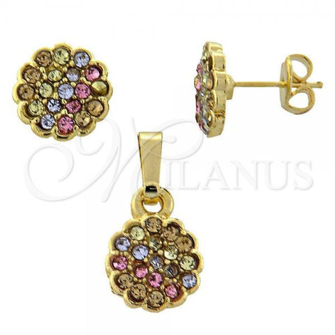 Oro Laminado Earring and Pendant Adult Set, Gold Filled Style Flower Design, with Multicolor Crystal, Polished, Golden Finish, 10.164.0022.1