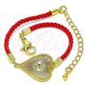 Oro Laminado Fancy Bracelet, Gold Filled Style Evil Eye and Heart Design, with White Micro Pave and Sapphire Blue Cubic Zirconia, Polished, Golden Finish, 03.368.0053.06