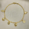 Oro Laminado Charm Anklet , Gold Filled Style Heart and Flower Design, Polished, Golden Finish, 03.32.0604.10