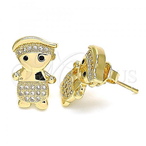Oro Laminado Stud Earring, Gold Filled Style Little Boy Design, with White and Black Micro Pave, Polished, Golden Finish, 02.156.0417