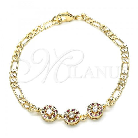 Oro Laminado Fancy Bracelet, Gold Filled Style with Ruby and White Cubic Zirconia, Polished, Golden Finish, 03.233.0029.08