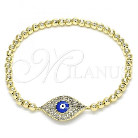 Oro Laminado Fancy Bracelet, Gold Filled Style Expandable Bead and Evil Eye Design, with White Micro Pave, Blue Enamel Finish, Golden Finish, 03.299.0049.07