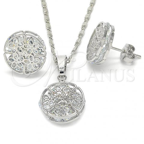 Rhodium Plated Earring and Pendant Adult Set, Flower Design, with White Cubic Zirconia, Polished, Rhodium Finish, 10.106.0003.1