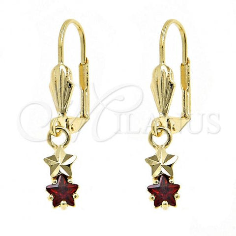 Oro Laminado Dangle Earring, Gold Filled Style Star Design, with Garnet Cubic Zirconia, Polished, Golden Finish, 02.63.2447.1