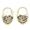 Oro Laminado Small Hoop, Gold Filled Style Lock and Heart Design, with Multicolor Micro Pave, Polished, Golden Finish, 02.341.0056.3.12