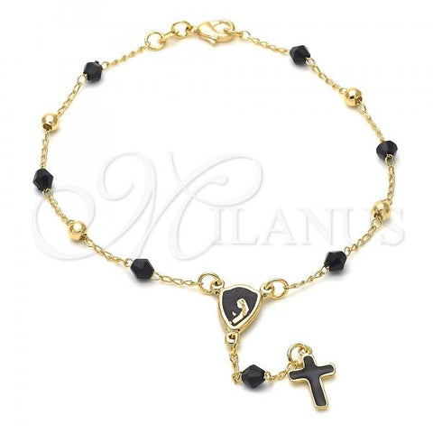 Oro Laminado Thin Rosary, Gold Filled Style Virgen Maria and Cross Design, with Black Azavache, Black Enamel Finish, Golden Finish, 5.213.010.08