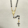 Oro Laminado Thin Rosary, Gold Filled Style Divino Niño and Cross Design, with Black Azavache, Black Enamel Finish, Golden Finish, 09.02.0039.18