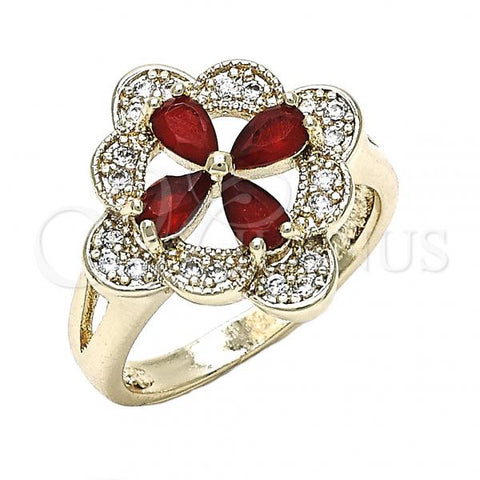 Oro Laminado Multi Stone Ring, Gold Filled Style Flower Design, with Ruby and White Cubic Zirconia, Polished, Golden Finish, 01.210.0093.1.06 (Size 6)
