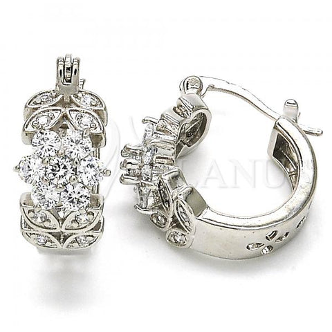 Rhodium Plated Small Hoop, Flower and Leaf Design, with White Cubic Zirconia, Polished, Rhodium Finish, 02.210.0272.5.15