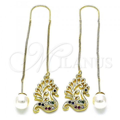 Oro Laminado Threader Earring, Gold Filled Style Swan Design, with Multicolor and Black Micro Pave, Polished, Golden Finish, 02.210.0816.1